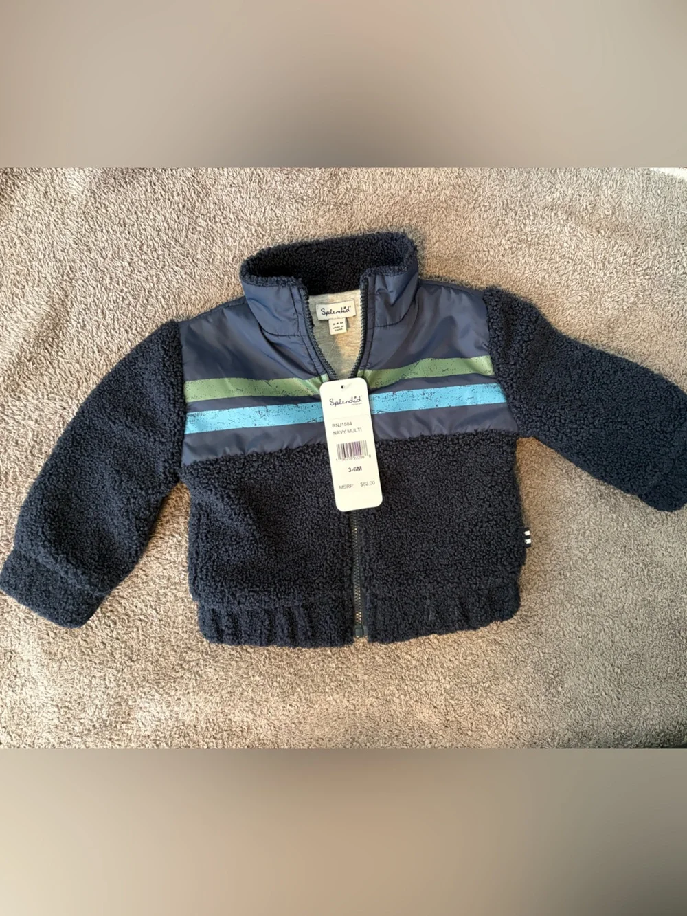NWT Splendid Baby Boys Racing Stripe Sherpa Jacket Navy 3-6M